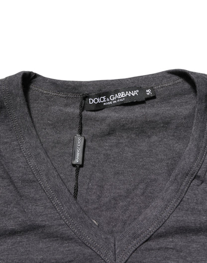 Dolce & Gabbana Grey Cotton V-Neck Logo Plaque Melange T-Shirt