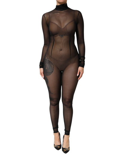 Dolce & Gabbana Black Sheer Mesh Long Sleeve Jumpsuit Bodysuit Dress