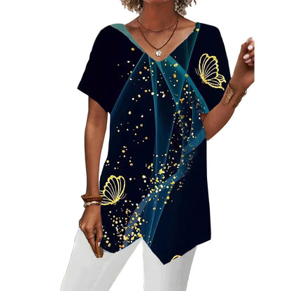 Summer European And American Women's Clothing Printed Irregular Short Sleeve