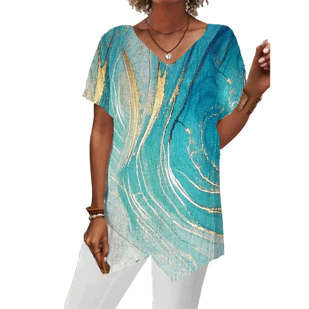 Summer European And American Women's Clothing Printed Irregular Short Sleeve