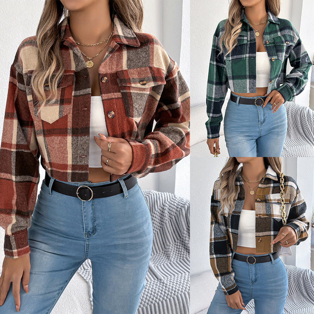 Color-contrast Check Long Sleeve Woolen Short Jacket