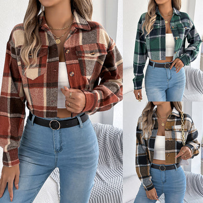 Color-contrast Check Long Sleeve Woolen Short Jacket