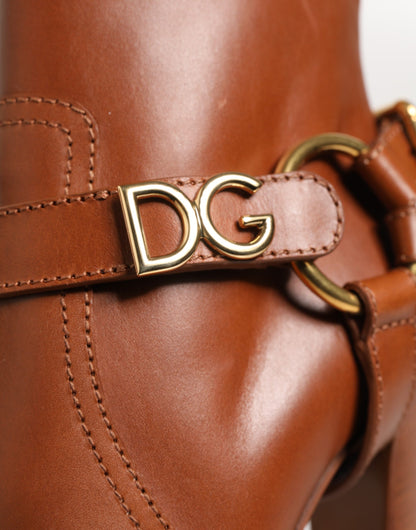 Dolce & Gabbana Brown Leather DG Logo Buckle Ankle Boots Shoes