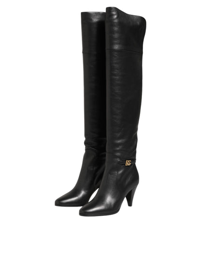 Dolce & Gabbana Black Leather Over-The-Knee DG Boots  Shoes