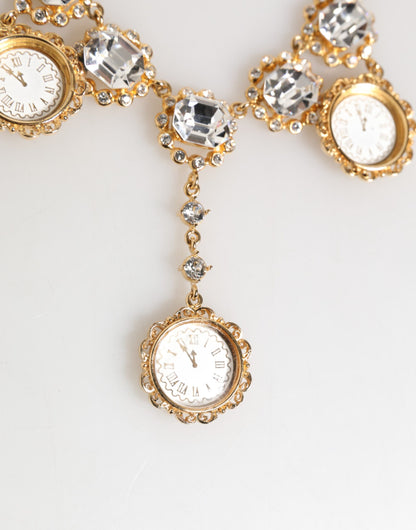 Dolce & Gabbana Gold Crystal Clock Face Pendant Statement Jewelry Necklace
