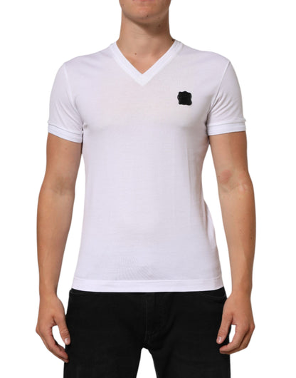 Dolce & Gabbana White Cotton Logo Patch V-neck Tee T-shirt