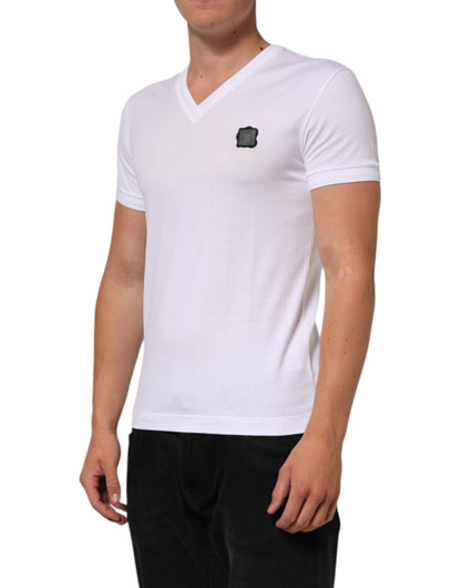 Dolce & Gabbana White Cotton Logo Patch V-neck Tee T-shirt