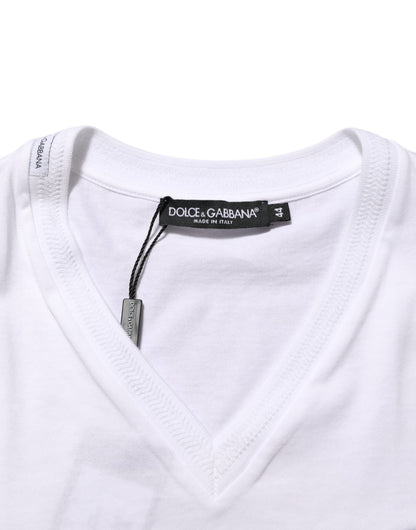 Dolce & Gabbana White Cotton Logo Patch V-neck Tee T-shirt