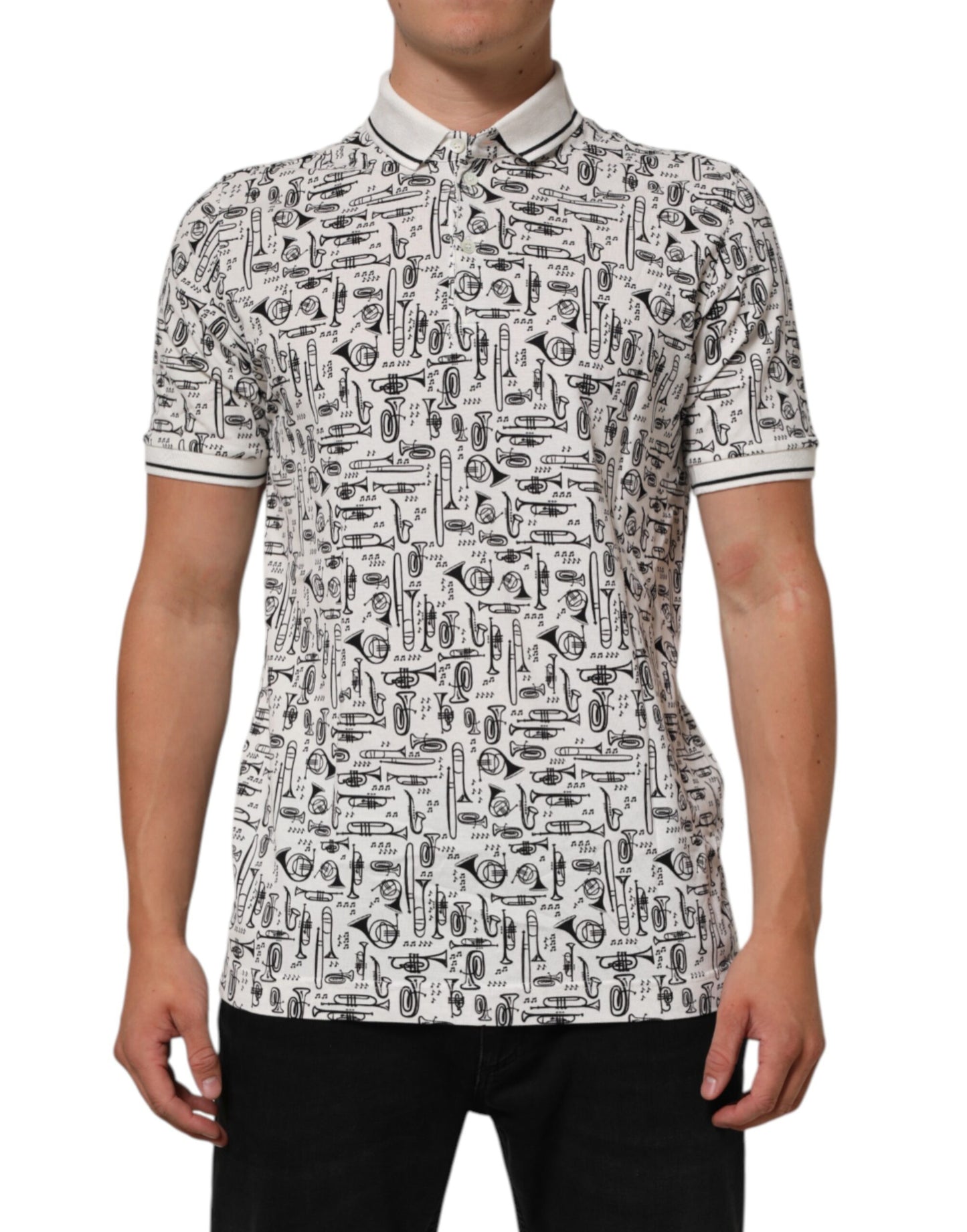 Dolce & Gabbana White Musical Print Collared Polo T-shirt