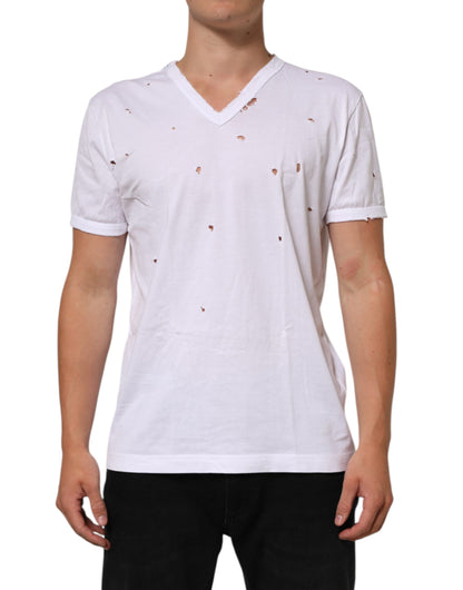 Dolce & Gabbana White Distressed Cotton V Neck Men T-shirt
