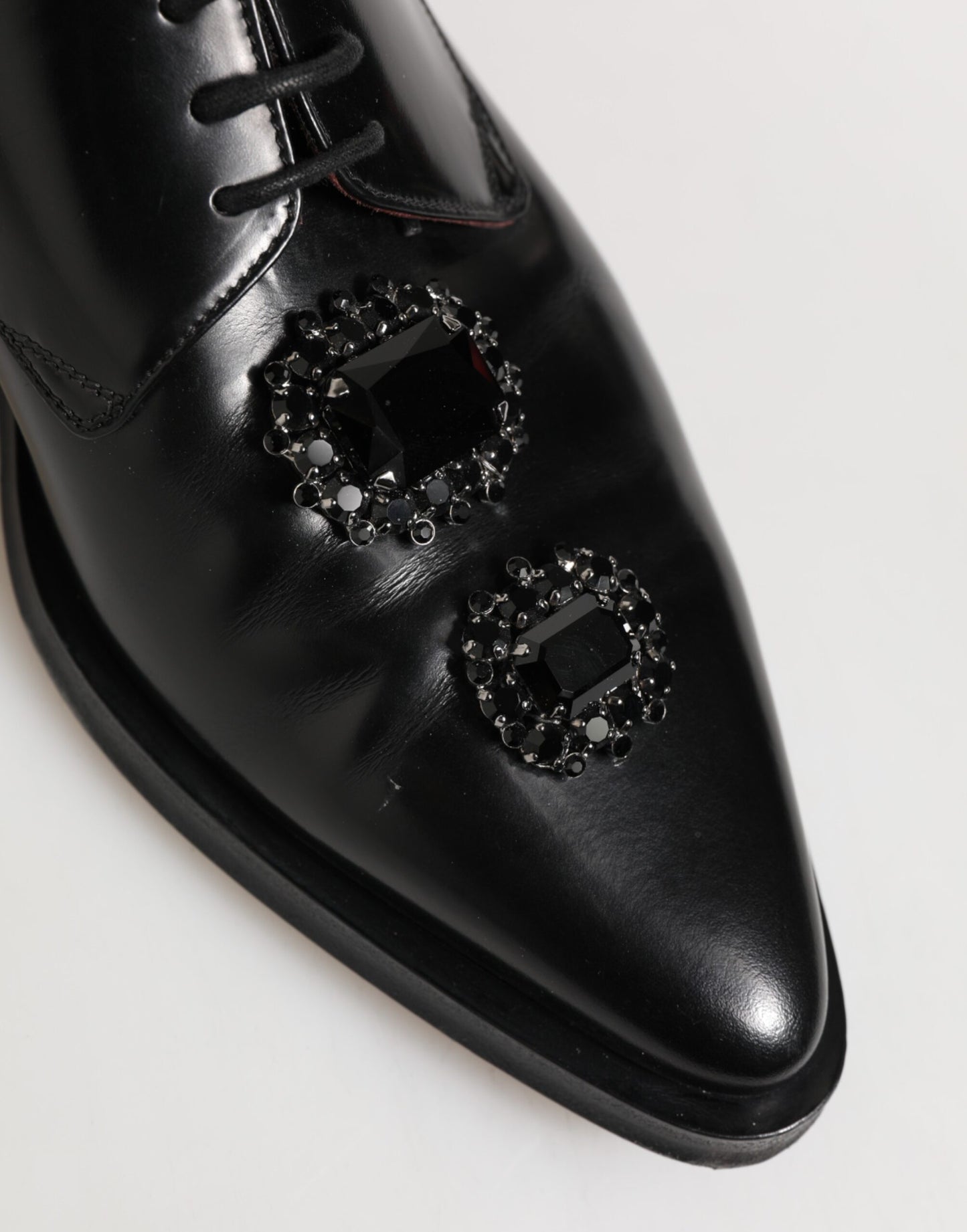 Dolce & Gabbana Black Leather Jeweled Crystals Derby Shoes