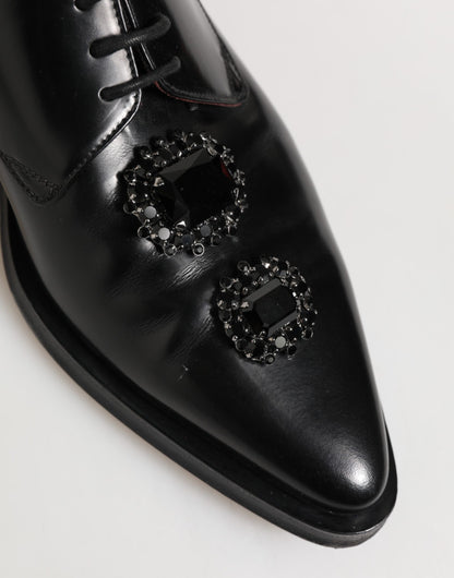 Dolce & Gabbana Black Leather Jeweled Crystals Derby Shoes