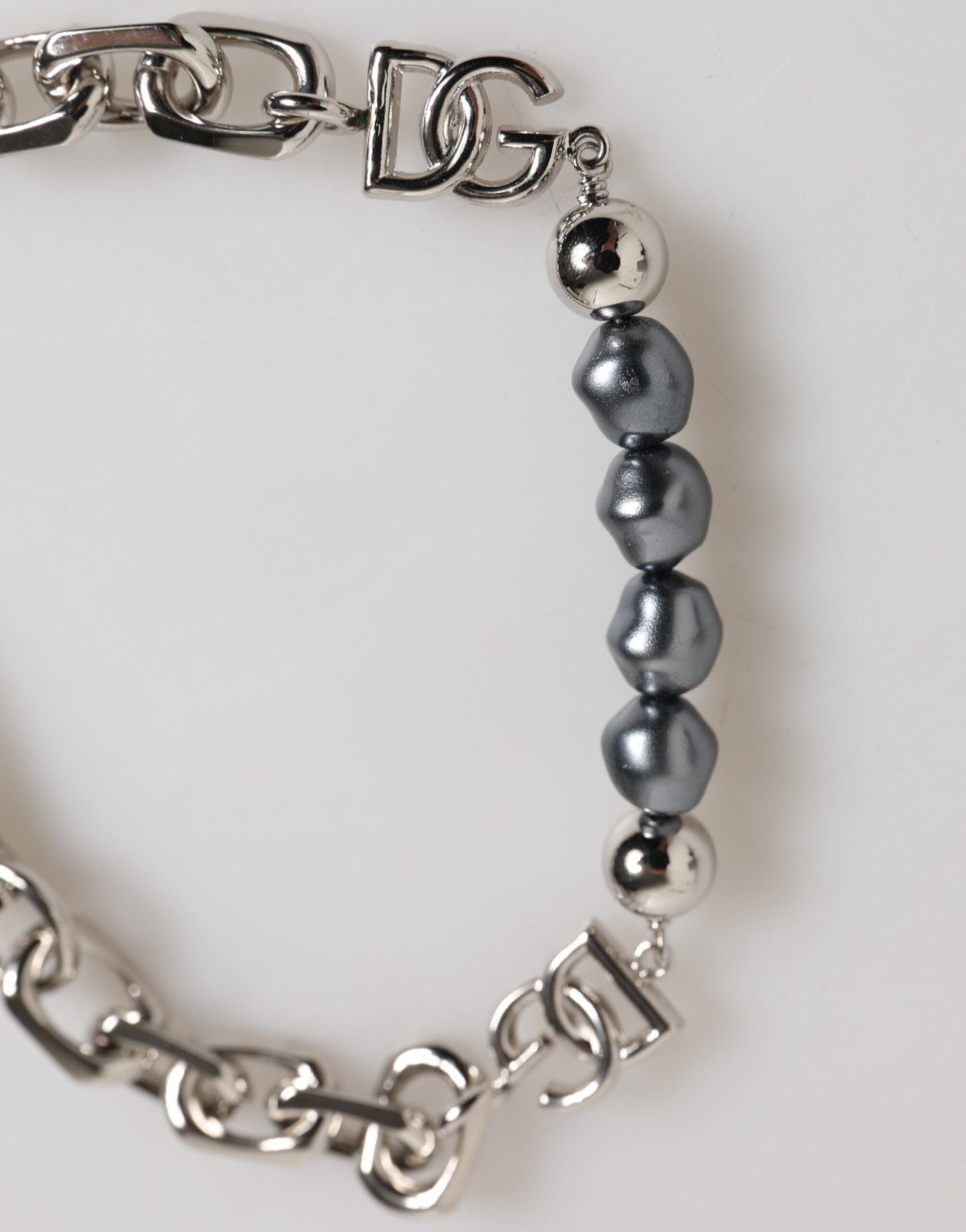 Dolce & Gabbana Silver Tone Chain Lobster Clasp Logo Gray Pearls Bracelet