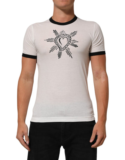 Dolce & Gabbana White Sacred Heart Cotton Crew Neck T-shirt
