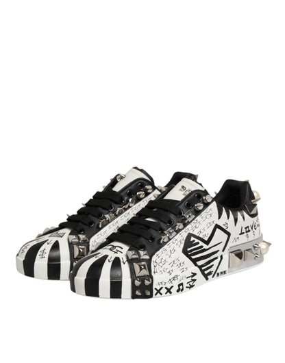 Dolce & Gabbana Black White Studded Low Top Sneakers Shoes