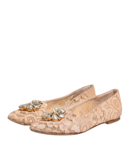 Dolce & Gabbana Beige Taormina Lace Crystals Flats Shoes