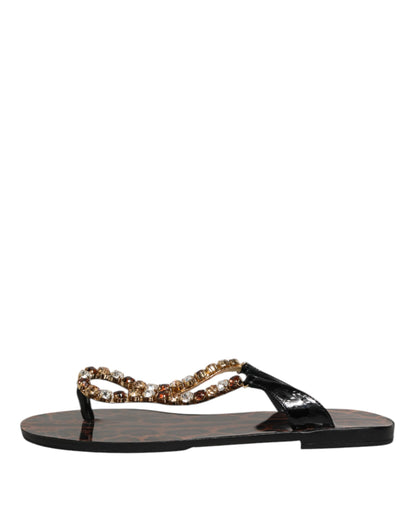 Dolce & Gabbana Black Crystals Flats Sandals Beachwear Shoes