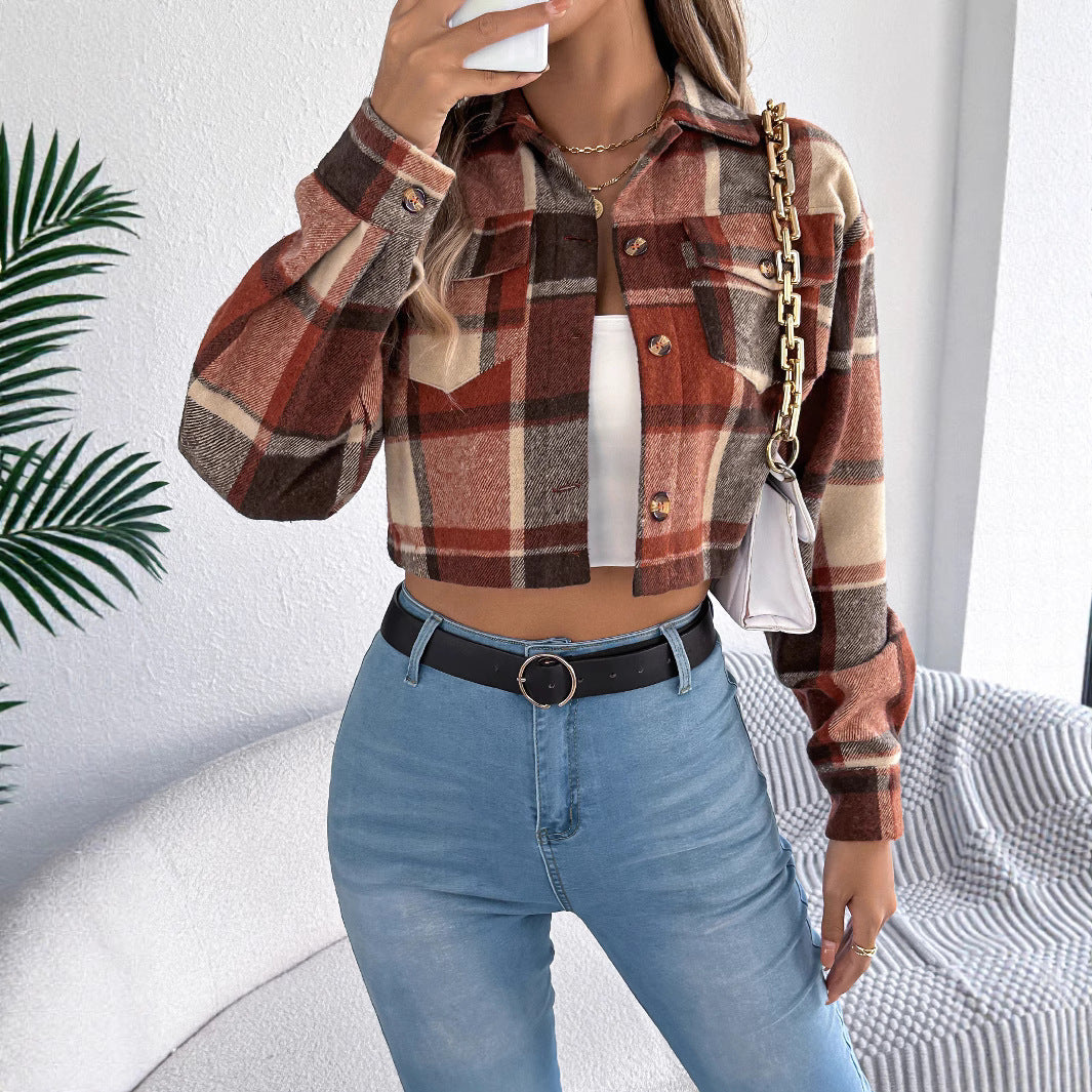 Color-contrast Check Long Sleeve Woolen Short Jacket