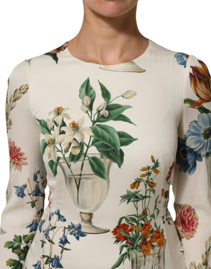 Dolce & Gabbana White Flower Vase Silk Sheath Midi Dress