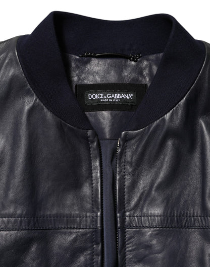 Dolce & Gabbana Blue Leather Full Zip Biker Blouson Jacket