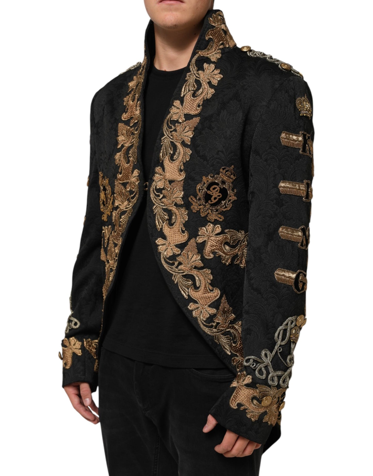 Dolce & Gabbana Black Brocade Embroidery Men Coat Jacket