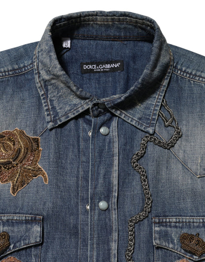 Dolce & Gabbana Blue Angel Patch Denim Buttoned Down Men Shirt