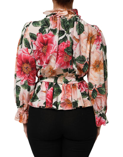 Dolce & Gabbana Pink Floral Printed Silk Ruffled Blouse Top