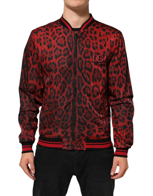 Dolce & Gabbana Red Leopard Print Full Zip Bomber Jacket