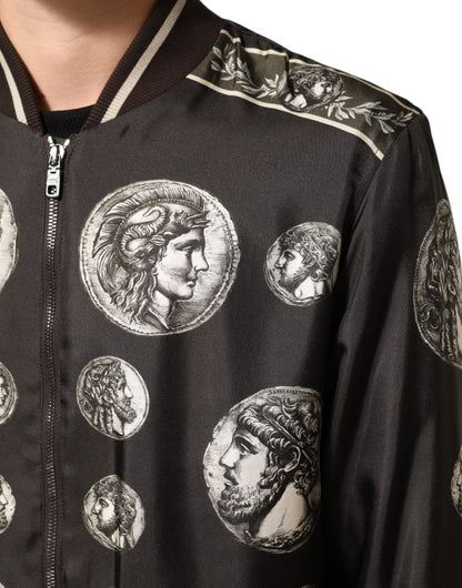 Dolce & Gabbana Black "Monete" Coin Print Silk Bomber Jacket