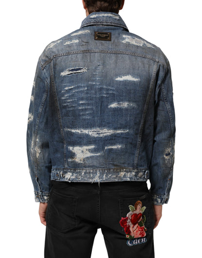Dolce & Gabbana Blue Cotton Tattered Denim Blouson Jacket