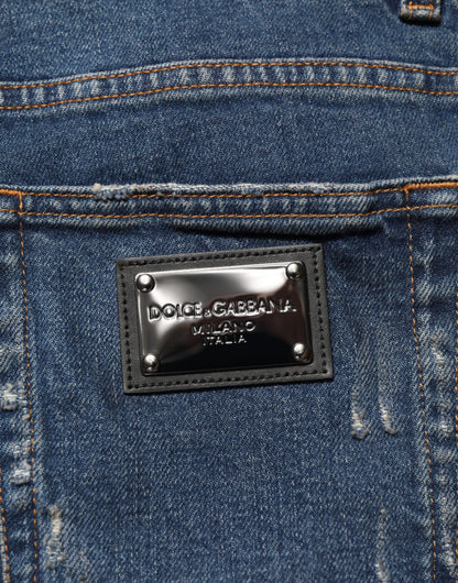 Dolce & Gabbana Blue Tattered Cotton Skinny Men Denim Jeans