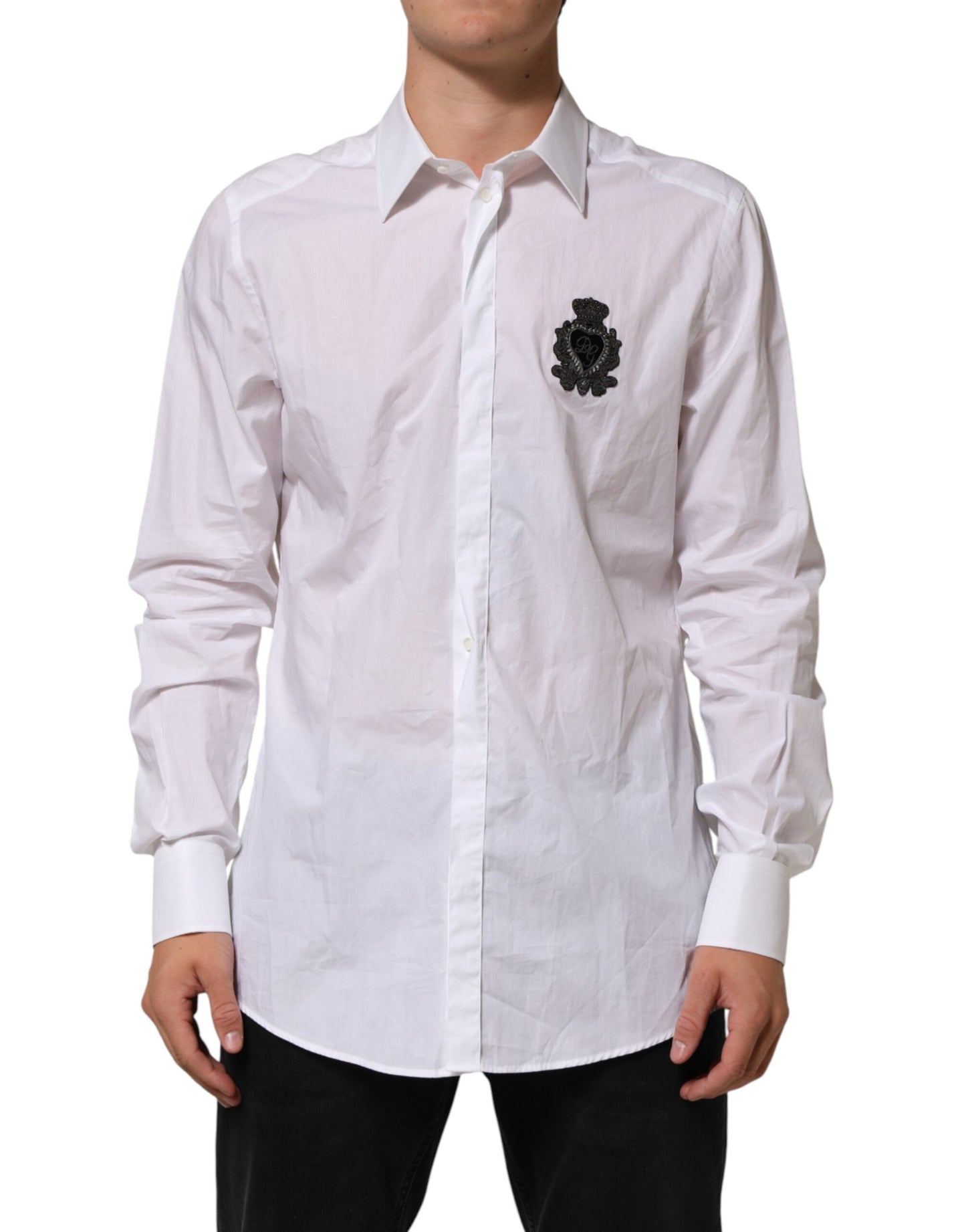 Dolce & Gabbana White Cotton MARTINI DG Patch Dress Shirt