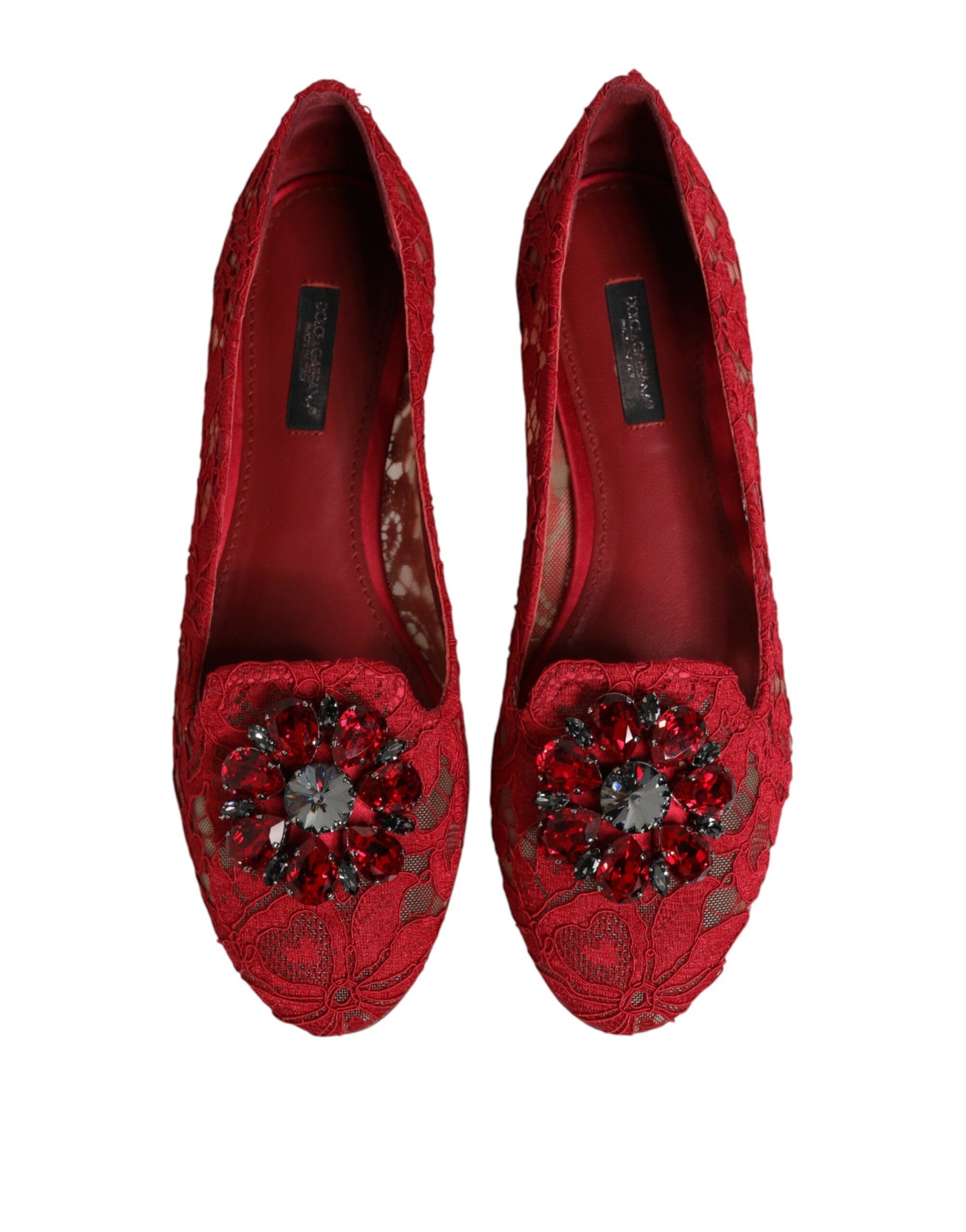 Dolce & Gabbana Red Lace Crystal Ballet Flats Loafers Shoes