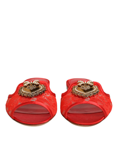Dolce & Gabbana Red Devotion Lace Flats Slip On Sandals Shoes