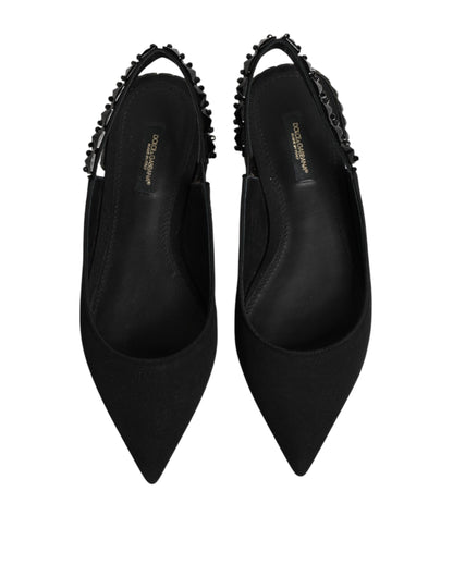 Dolce & Gabbana Black Crystal Charmeuse Slingback Shoes