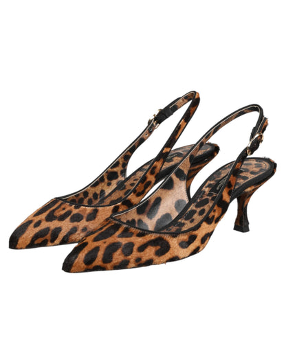 Dolce & Gabbana Brown Leopard Calfskin Fur Slingbacks Shoes