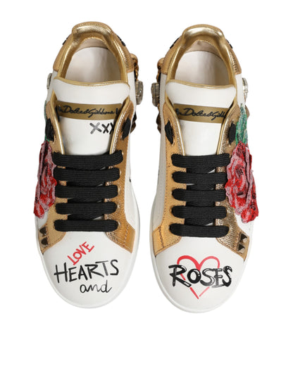 Dolce & Gabbana White Leather Floral Studded Sneakers Shoes