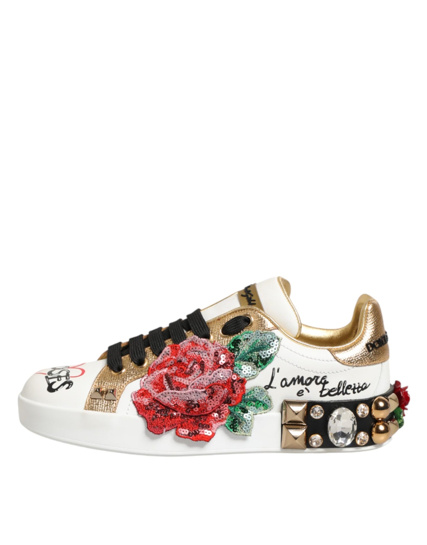Dolce & Gabbana White Leather Floral Studded Sneakers Shoes
