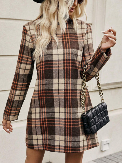 European And American Long Sleeve Plaid Dress Women's Clothing