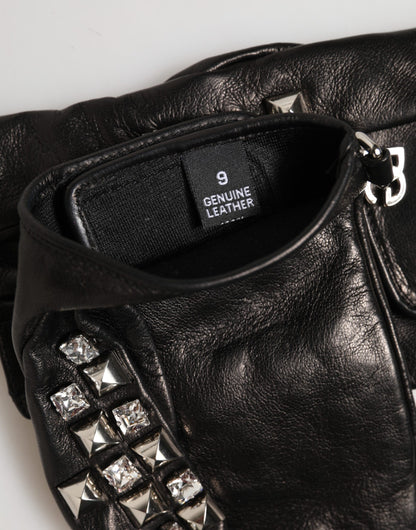 Dolce & Gabbana Black Leather Studded Fingerless Hand Mitten Men Gloves