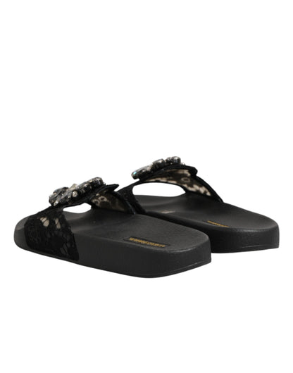 Dolce & Gabbana Black Devotion Matelassé Leather Slides Shoes