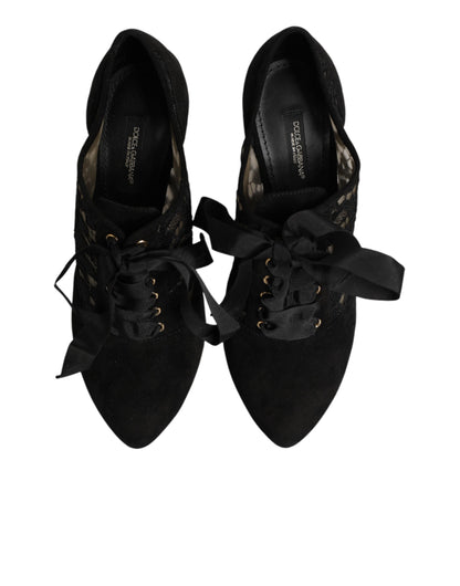Dolce & Gabbana Black Floral High Heels LACE-UPS Pumps Shoes