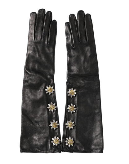 Dolce & Gabbana Black Leather Embellished Long Mitten Gloves