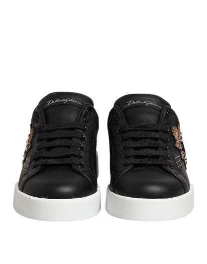 Dolce & Gabbana Black Leather Heart Embellished Sneakers Shoes
