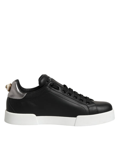 Dolce & Gabbana Black Leather Heart Embellished Sneakers Shoes