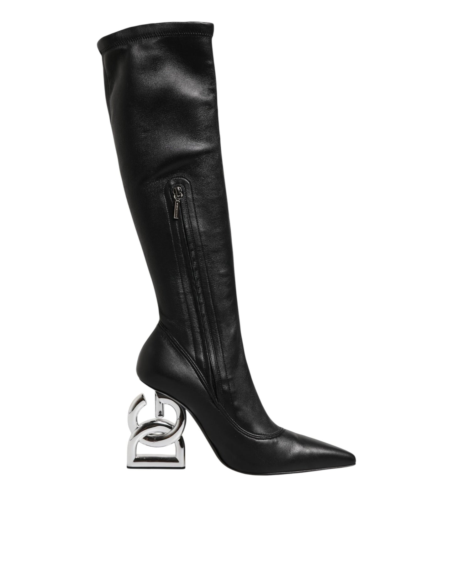 Dolce & Gabbana Black Leather DG Logo Knee High Boots Shoes