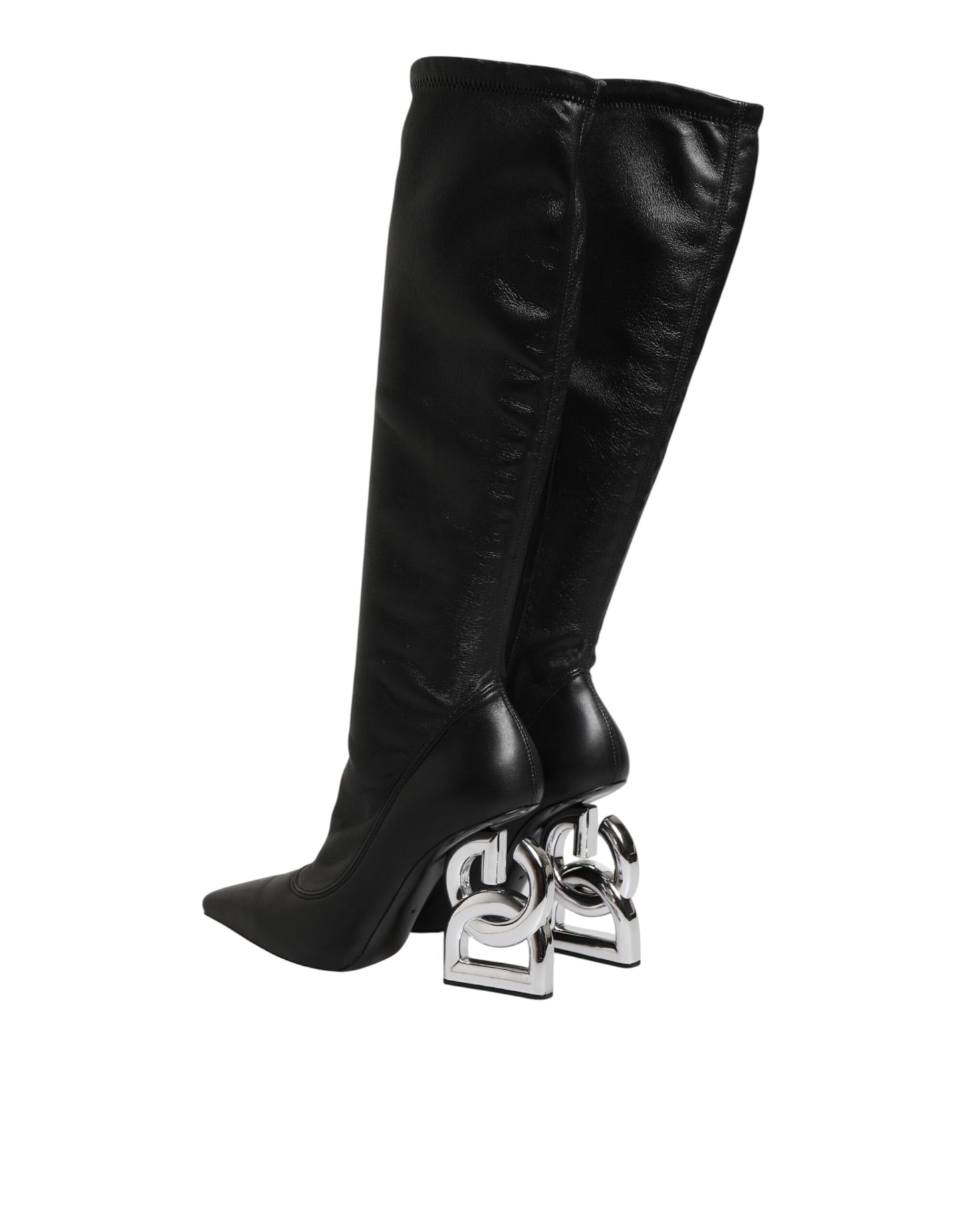 Dolce & Gabbana Black Leather DG Logo Knee High Boots Shoes