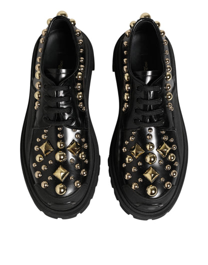 Dolce & Gabbana Black Leather Jeweled Crystals Derby Shoes