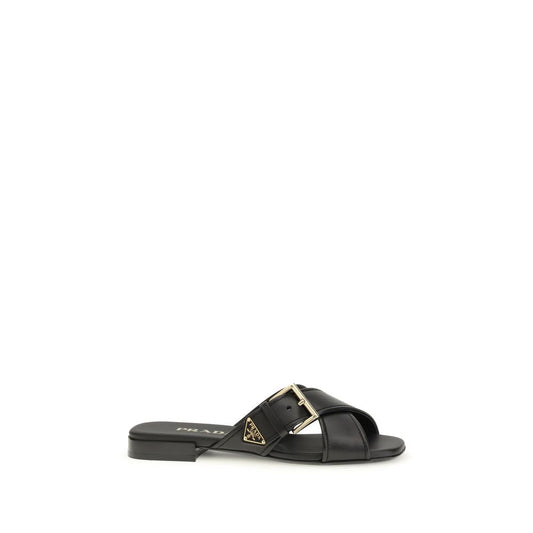 Prada Black Calf Leather Bos Taurus Flat Sandals