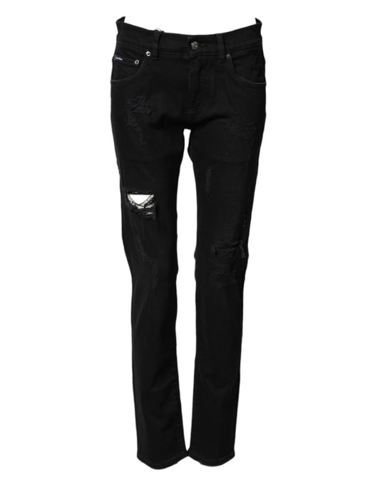 Dolce & Gabbana Black Tattered Cotton Men Skinny Denim Jeans